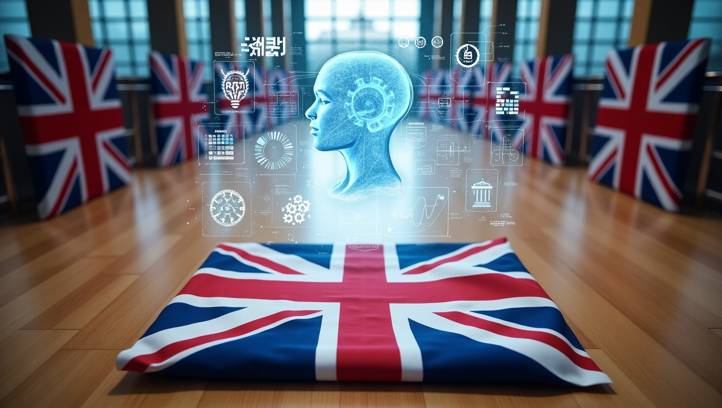 Primeiro-ministro britânico apresentando plano de IA em coletiva de imprensa